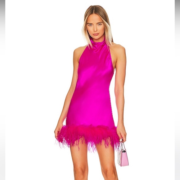 Amanda Uprichard 100% Silk Lunaria Feather-Trim Halter Dress, Small, Hot Pink - Picture 2 of 11